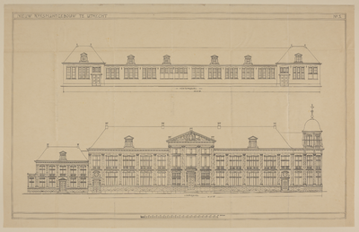 217175 Opstanden van de achtergevel en de voorgevel van het nieuwe gebouw van de Rijksmunt (Leidseweg 90) te Utrecht.